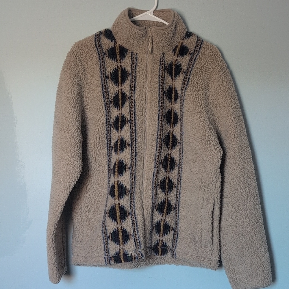 Folk Tan and Black Puffer Jacket with Geometric Design